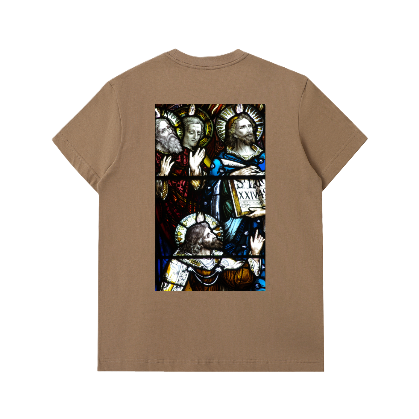 Coffee regular heavy thick t-shirt with representation of the Apostles on the back