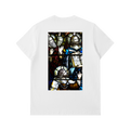 White regular heavy thick t-shirt with representation of the Apostles on the back