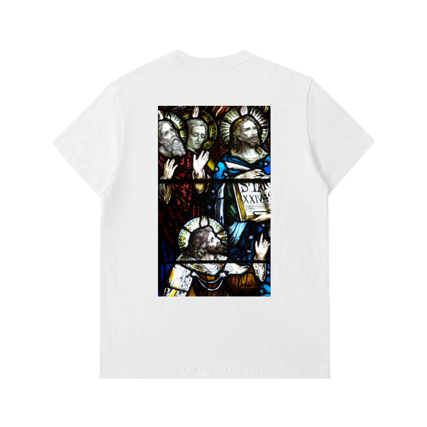 White regular heavy thick t-shirt with representation of the Apostles on the back