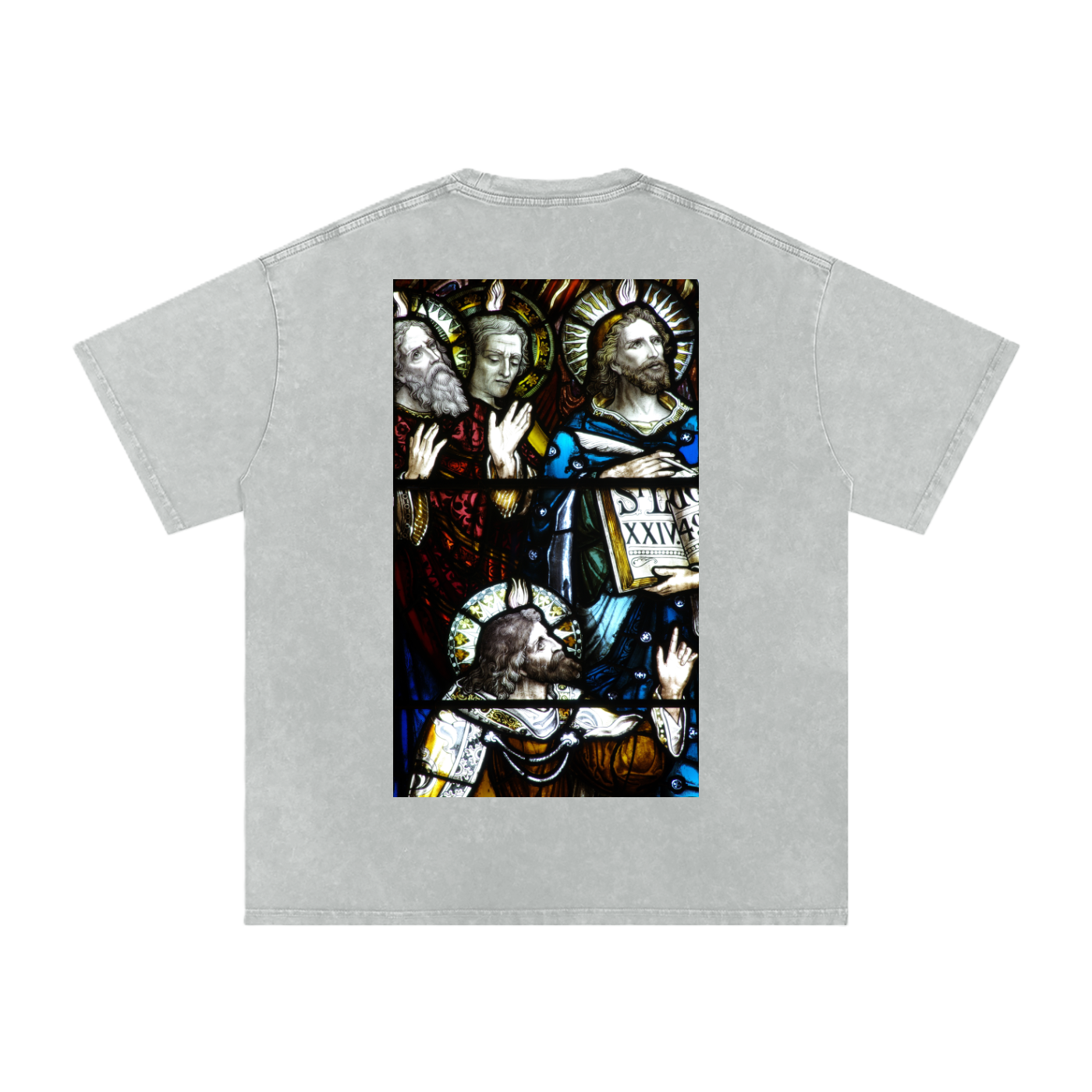 Grey oversize t-shirt with representation of the Apostles on the back