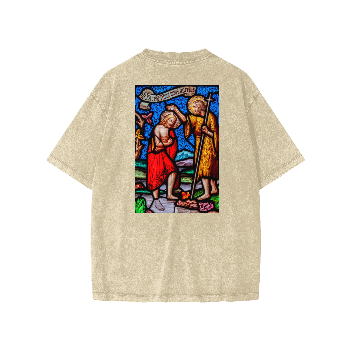 Beige oversize kids t-shirt with representation of the Baptism of Jesus on the back