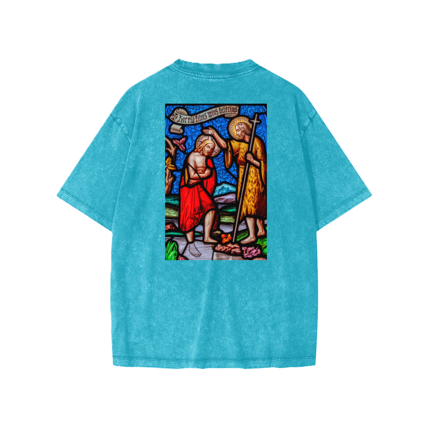 Turquoise oversize kids t-shirt with representation of the Baptism of Jesus on the back
