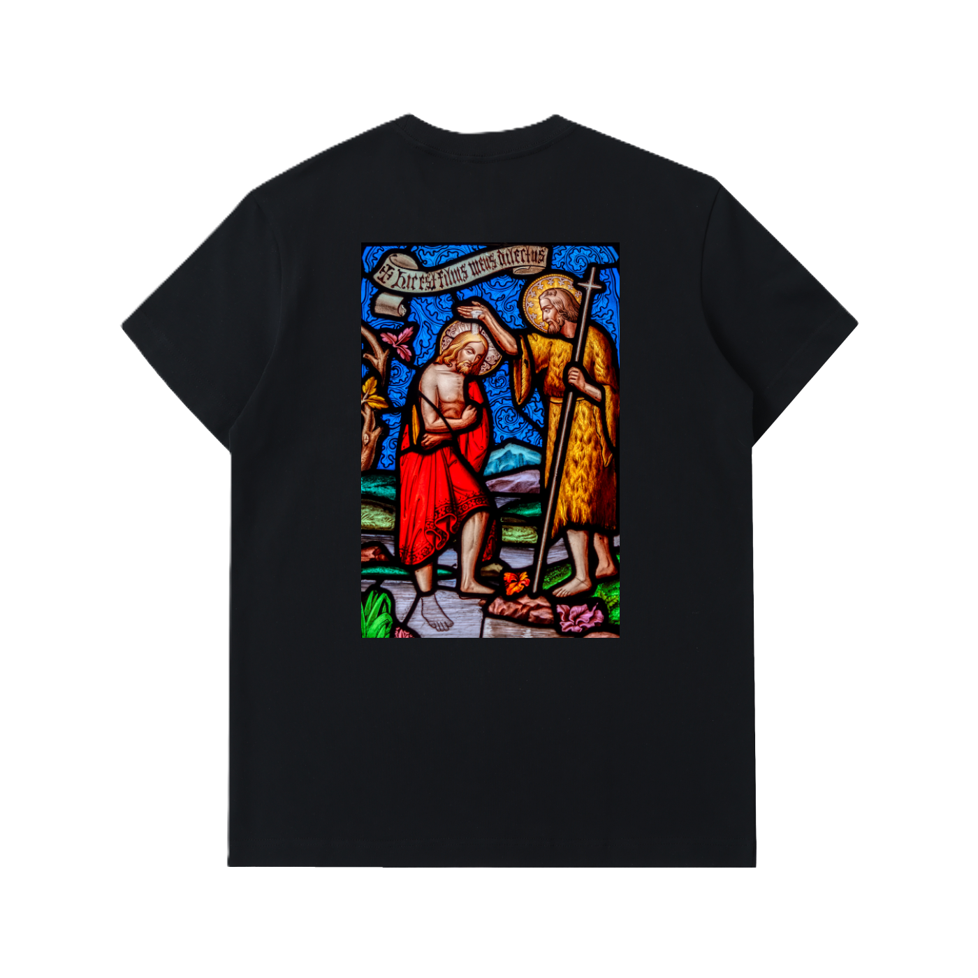 Back of a Black thick tshirt representing the Baptism of Jesus on a glass window of a Church