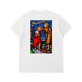 Back of a White thick tshirt representing the Baptism of Jesus on a glass window of a Church