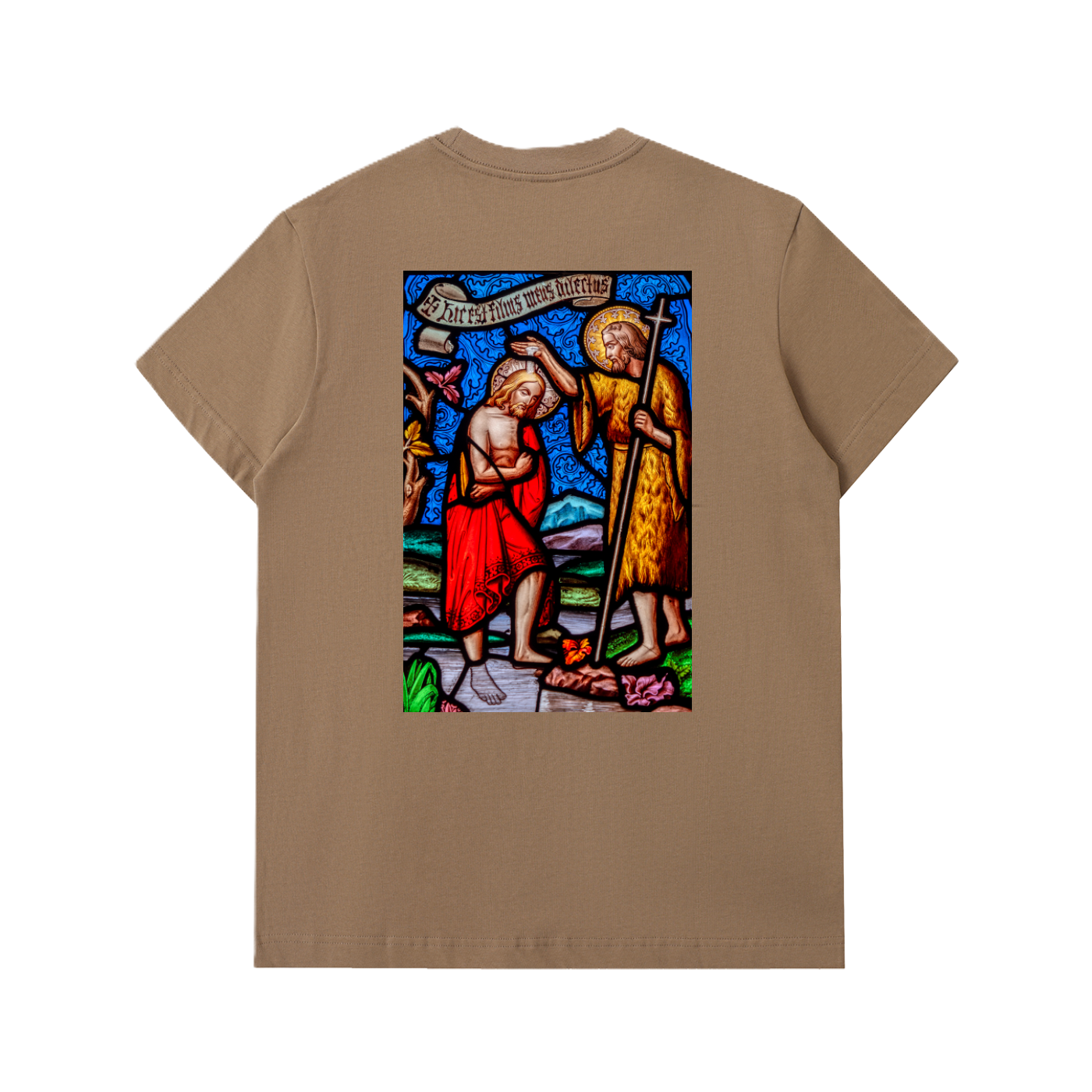 Back of a Coffee thick tshirt representing the Baptism of Jesus on a glass window of a Church