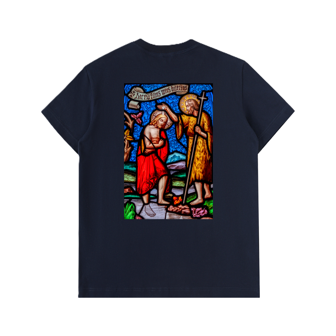 Back of a Navy thick tshirt representing the Baptism of Jesus on a glass window of a Church