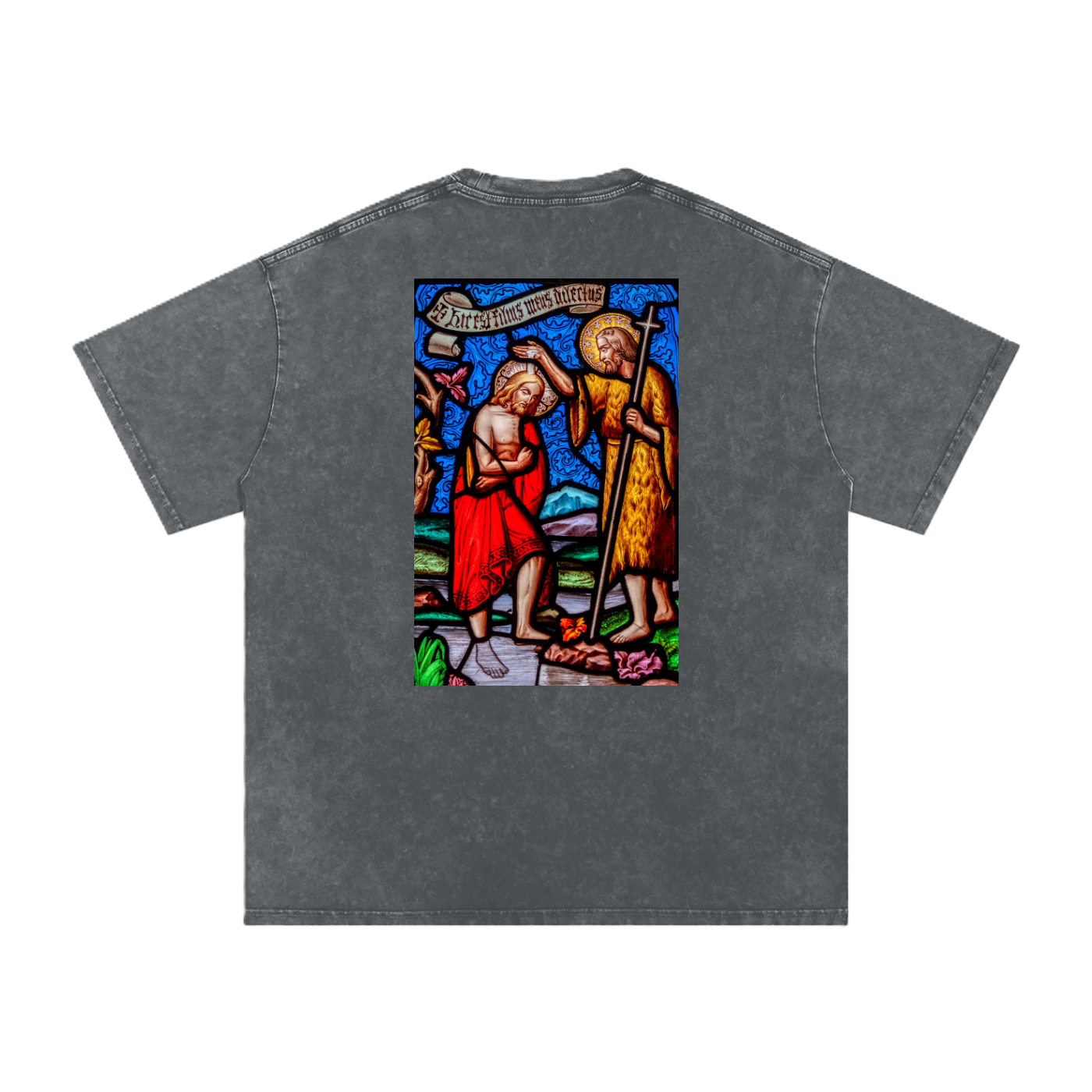 Black oversize t-shirt with representation of the Baptism of Jesus on the back