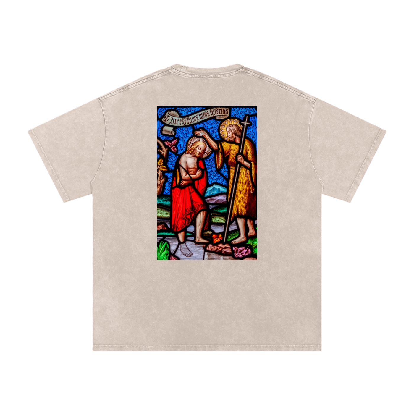 Beige oversize t-shirt with representation of the Baptism of Jesus on the back