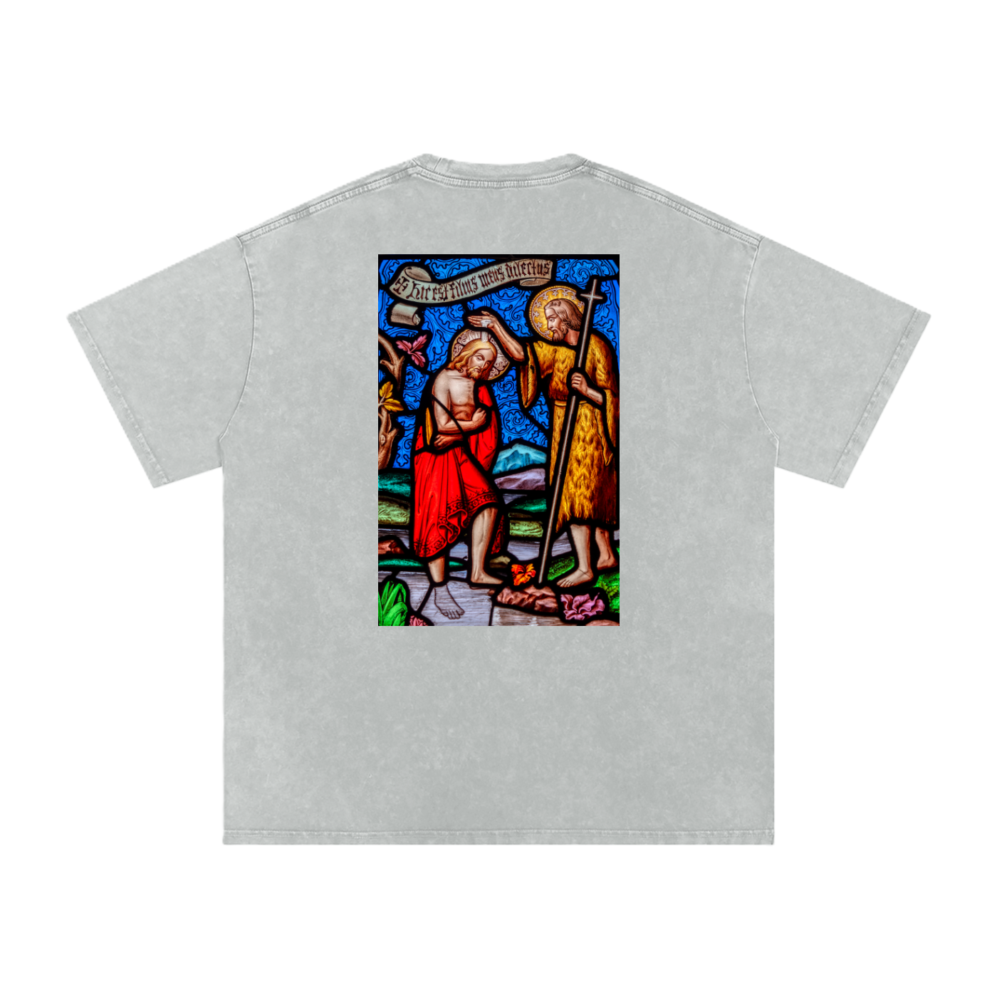 Grey oversize t-shirt with representation of the Baptism of Jesus on the back