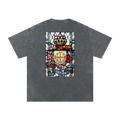 Back of a snow washed Black tee shirt with a  representation of the Jerusalem Cross from the King's House in Brussels