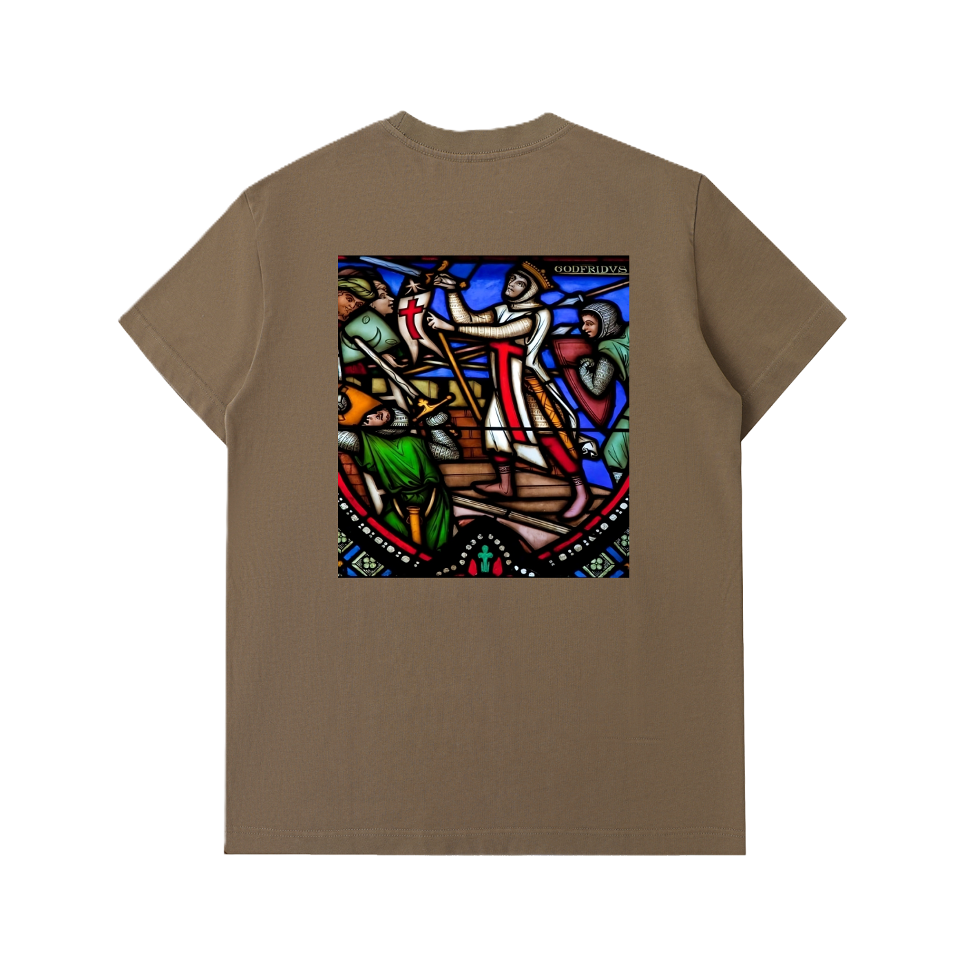 Coffee heavy fabric t-shirt with Crusade representation from stained glass printed on the back
