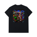 Black heavy fabric t-shirt with Crusader artwork from a cathedral printed on the back