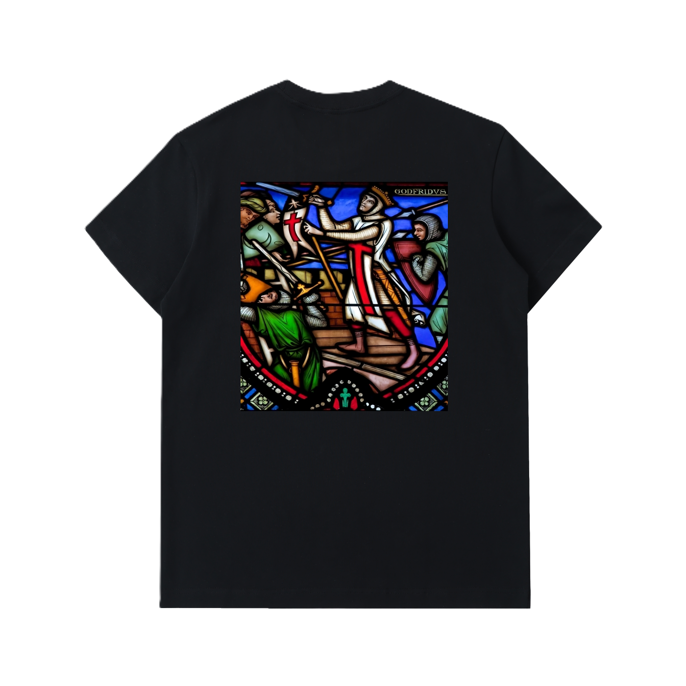 Black heavy fabric t-shirt with Crusader artwork from a cathedral printed on the back