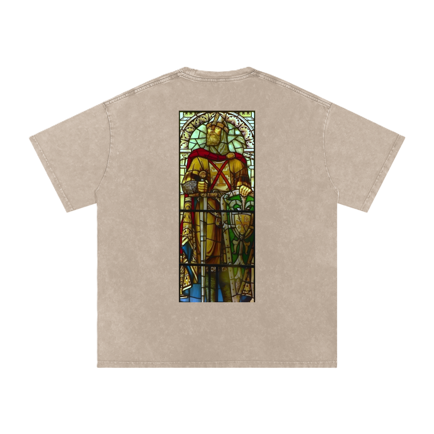 Oversized Beige t-shirt with stained glass artwork from a church representing Godefroy de Bouillon printed on the back