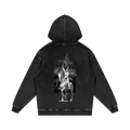 Snow washed Black hoodie made with with thick material with a representation of Joan of Arc on the back