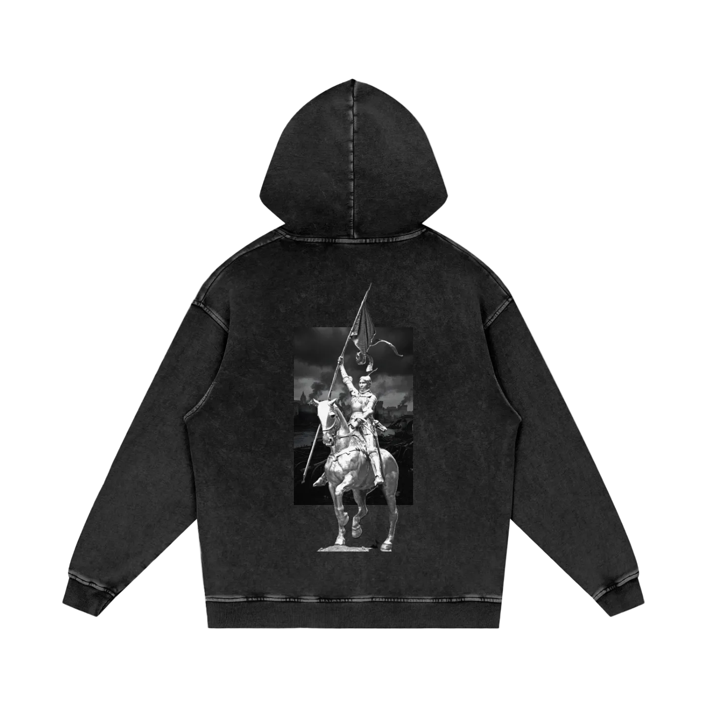 Snow washed Black hoodie made with with thick material with a representation of Joan of Arc on the back