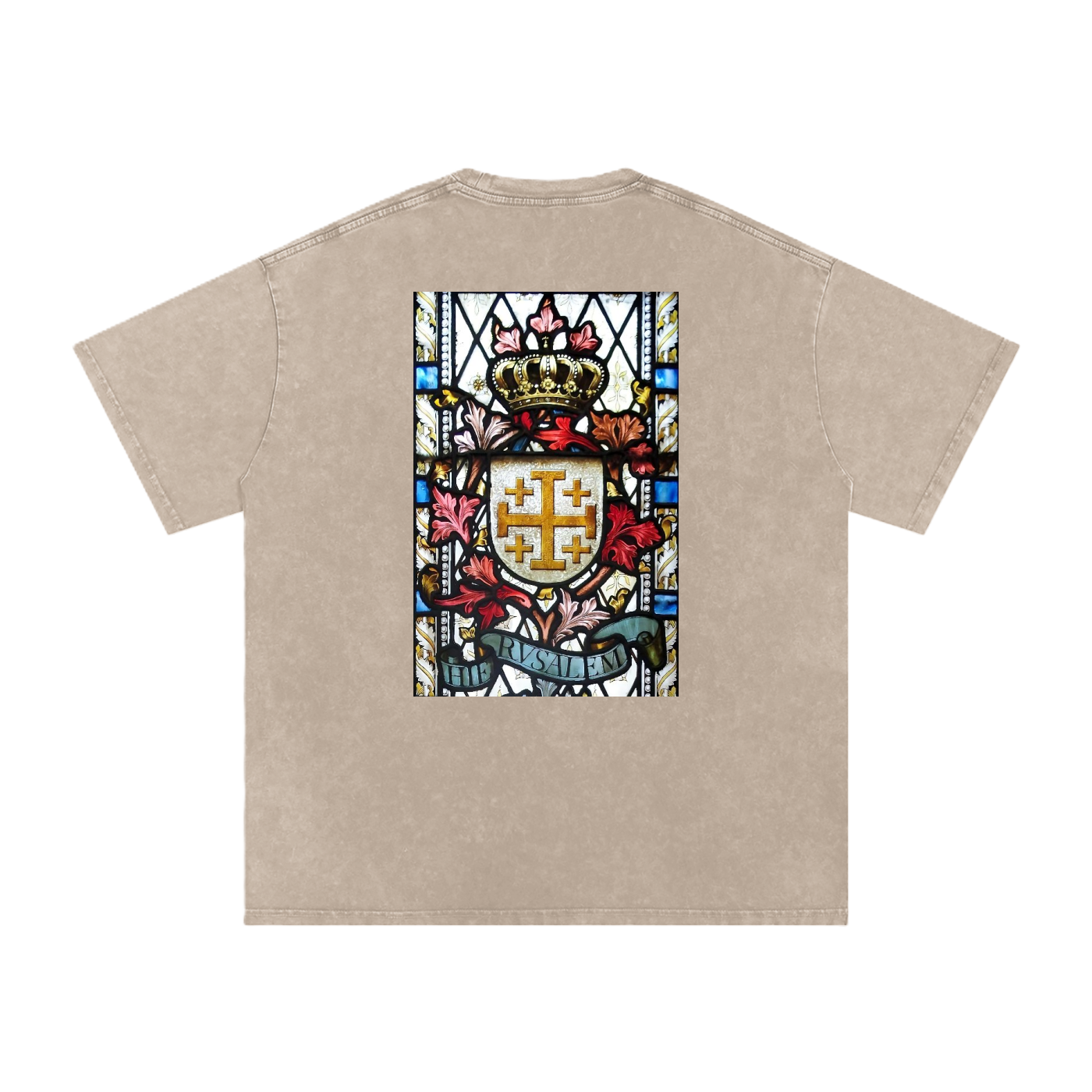Back of a Beige t-shirt with a  representation of the Jerusalem Cross from the King's House in Brussels