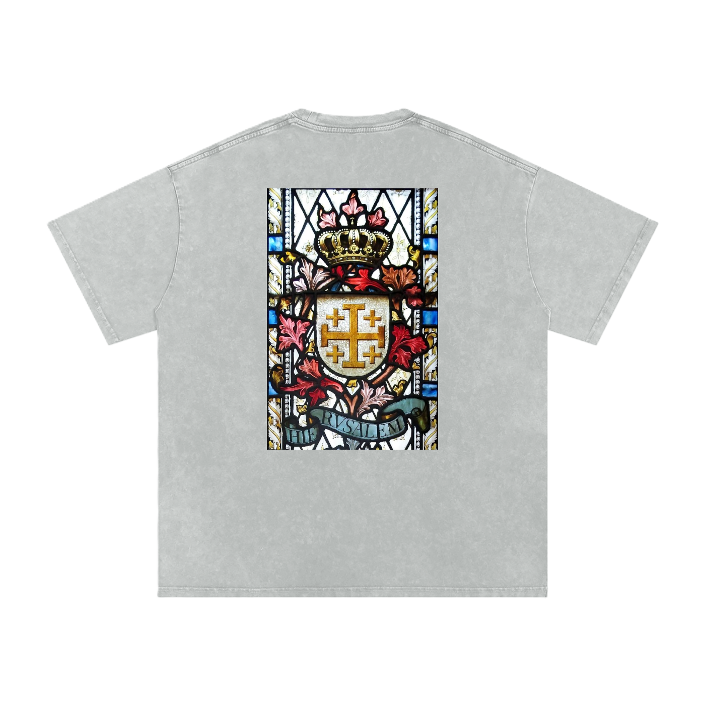 Back of a Grey tee shirt with a  representation of the Jerusalem Cross from the King's House in Brussels in Belgium