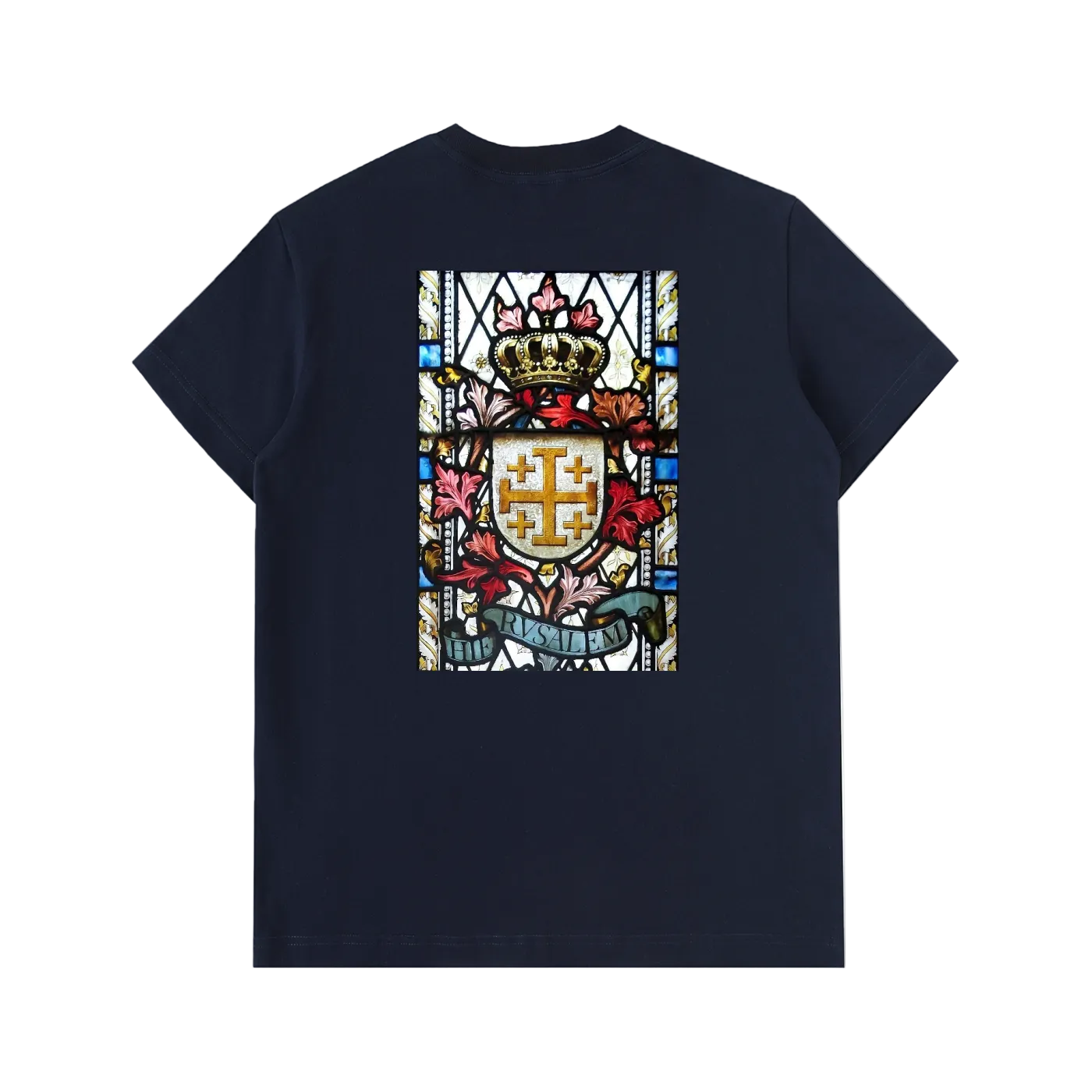 heavy Navy t-shirt with stained glass artwork of the Jerusalem Cross printed on the back