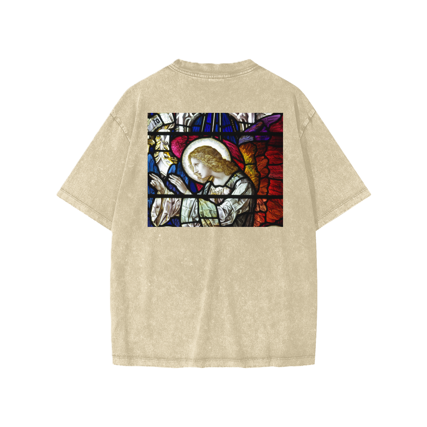 Beige oversize kids t-shirt with representation of a prayer