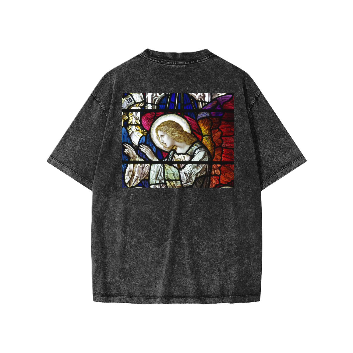 Black oversize kids t-shirt with representation of a prayer