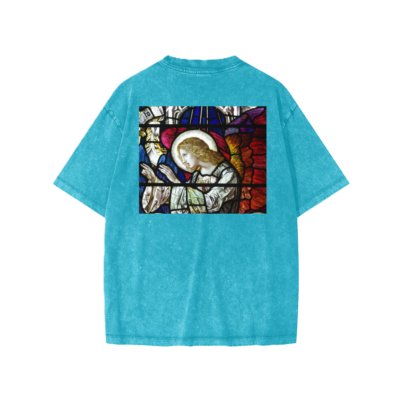 Turquoise oversize kids t-shirt with representation of a prayer