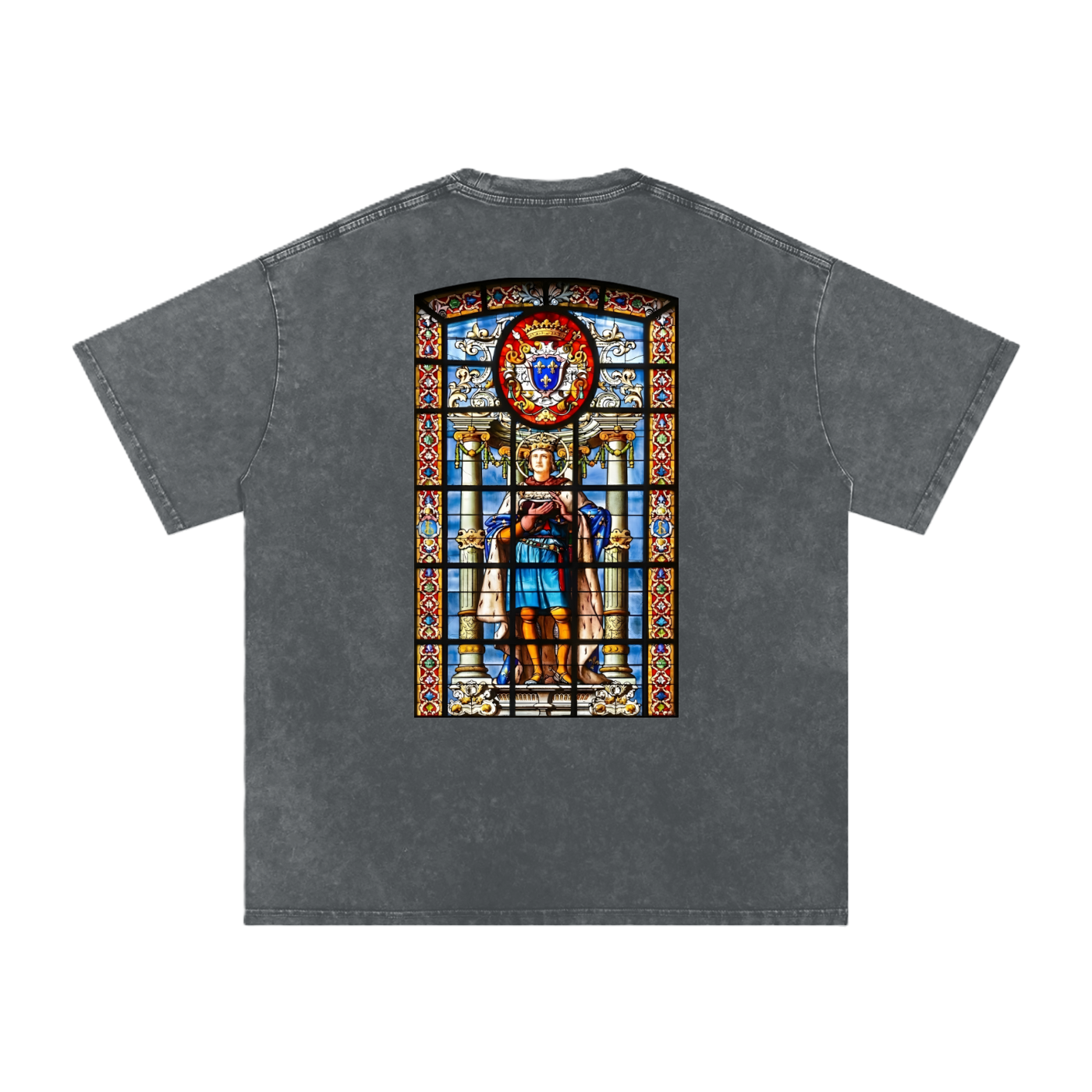 Black oversize washed t shirt with a design representing french king Saint Louis from a Cathedral window glass