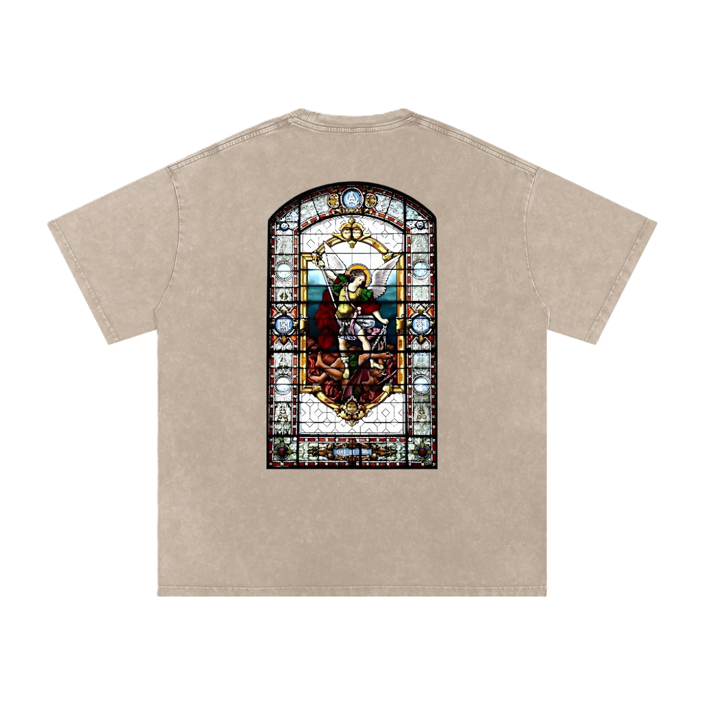 back of a Beige oversize and washed t shirt with a representation of St Michel the Archangel defeating the devil 