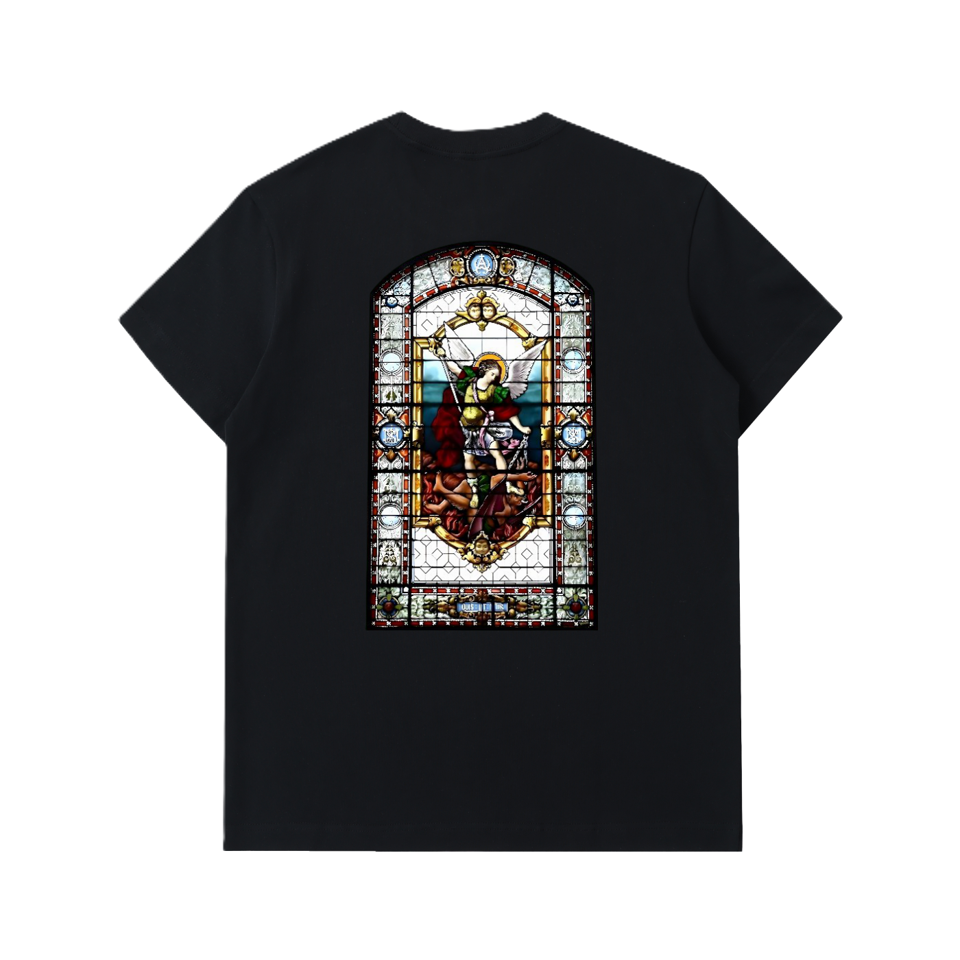 Heavyweight black t shirt representing the Archangel St Michel fighting the devil