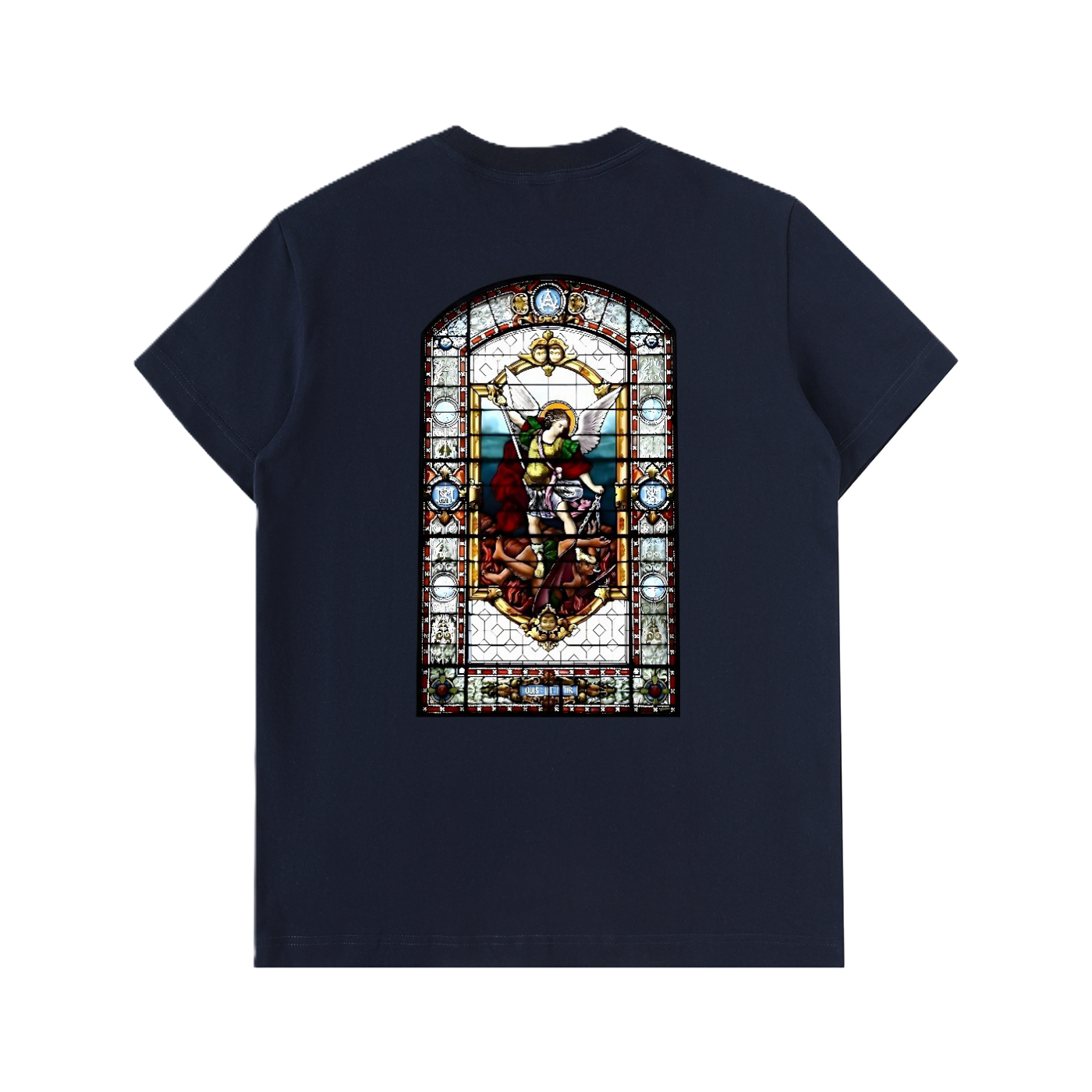 Heavyweight Navy t shirt representing St Michel the Archangel fighting the devil from window glass of a cathedral