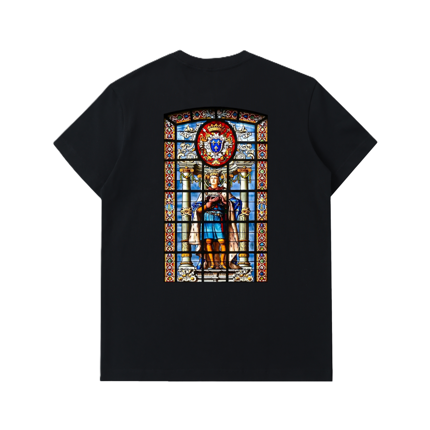 T-shirt épais Black avec illustration en vitrail inspirée de vitrail représentant le roi Saint Louis de la Cathédrale de La Rochelle