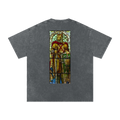 Oversized washed Black t-shirt with cathedral stained glass artwork representing Godefroy de Bouillon printed on the back