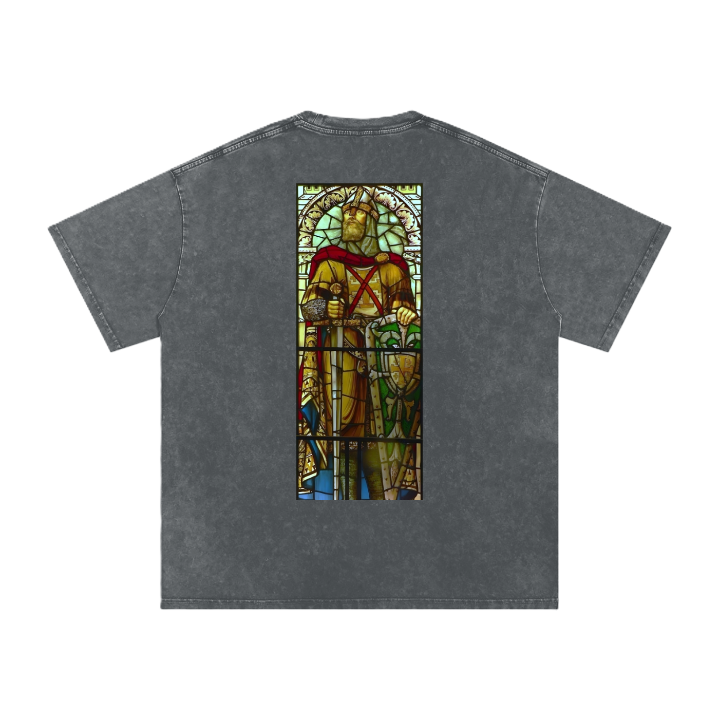 Oversized washed Black t-shirt with cathedral stained glass artwork representing Godefroy de Bouillon printed on the back