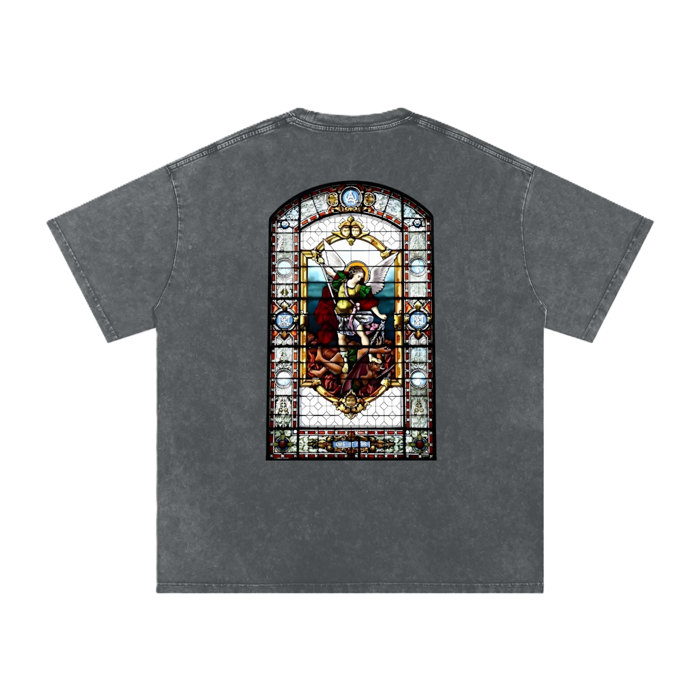 back of a Black oversize and snow washed t shirt with a representation of stained glass from a church representing St Michel Archangel defeating the devil