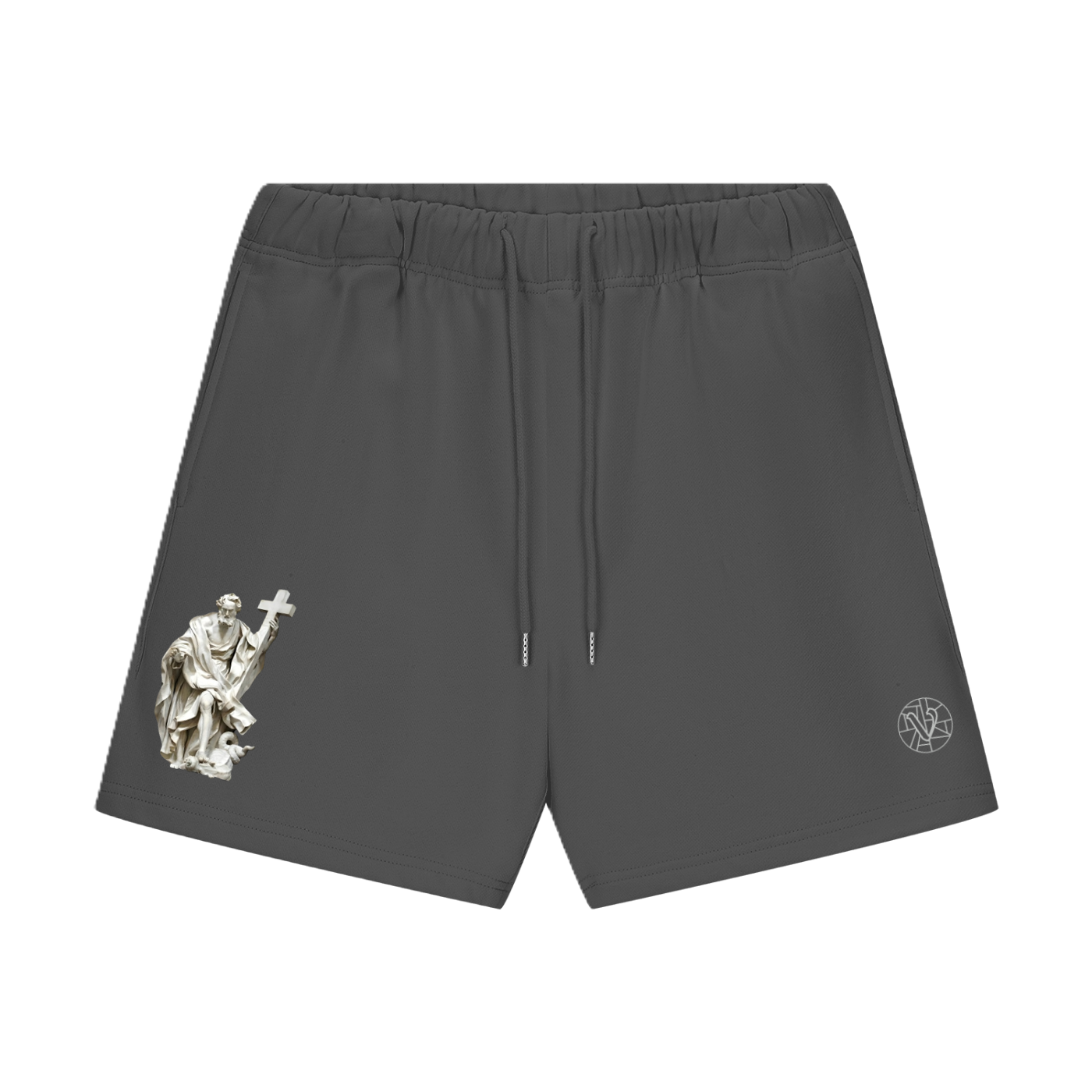 Grey thick shorts with representation of Saint Philippe on the front
