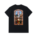 Back of a Black thick tshirt representing Jesus Christ on a glass window of a Church