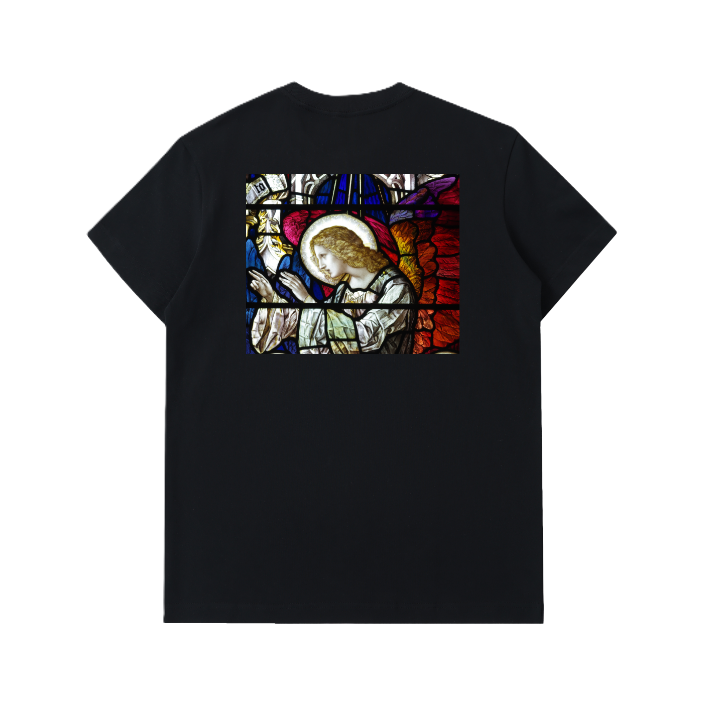 Back of a Black thick tshirt representing a prayer on a glass window of a Church