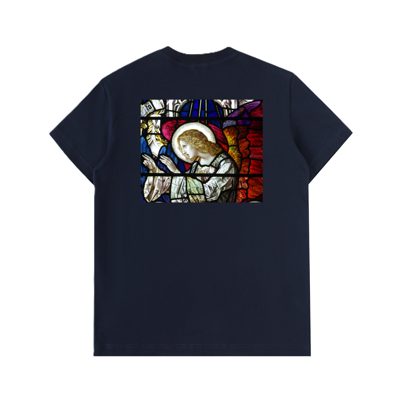 Back of a Navy thick tshirt representing a prayer on a glass window of a Church