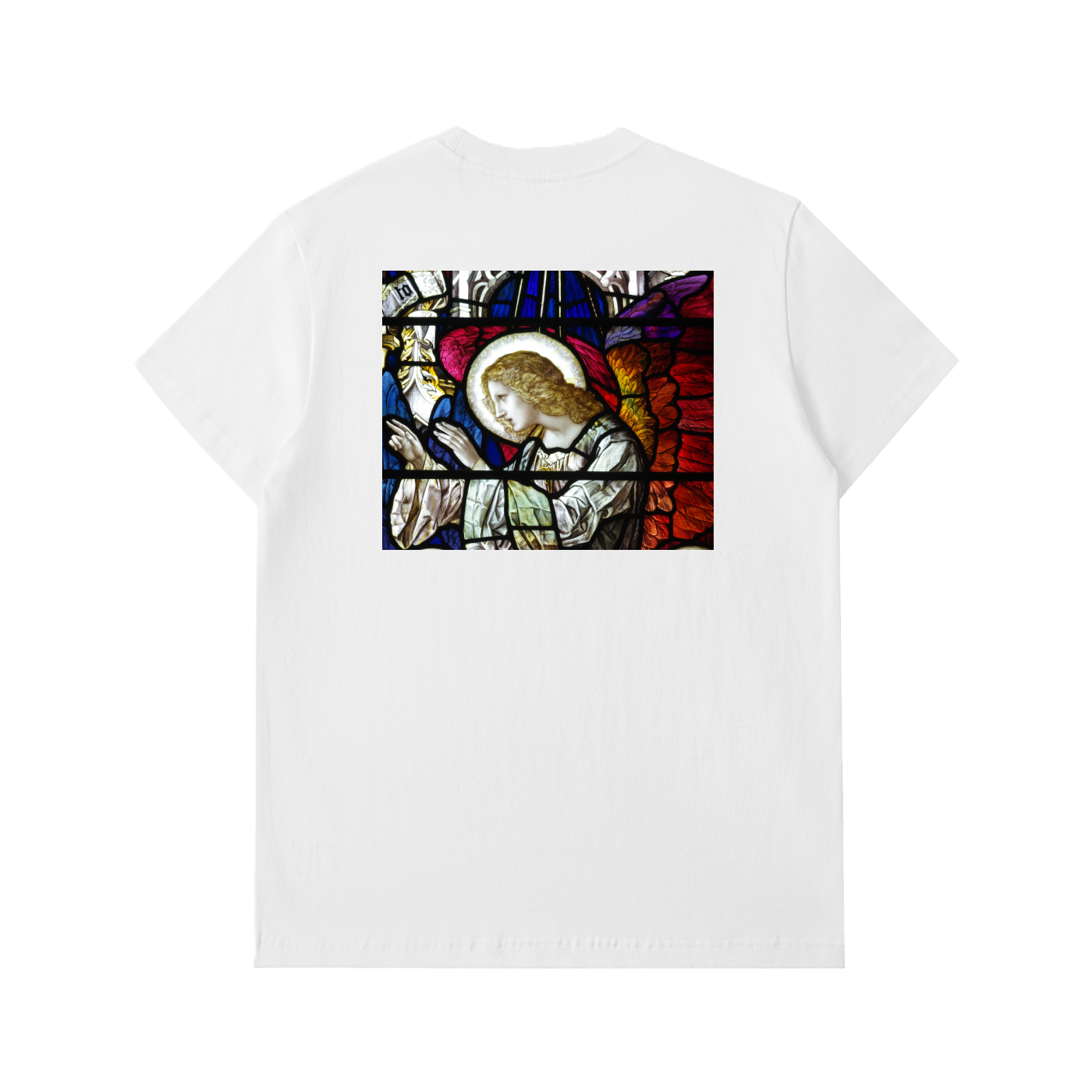 Back of a White thick tshirt representing a prayer on a glass window of a Church