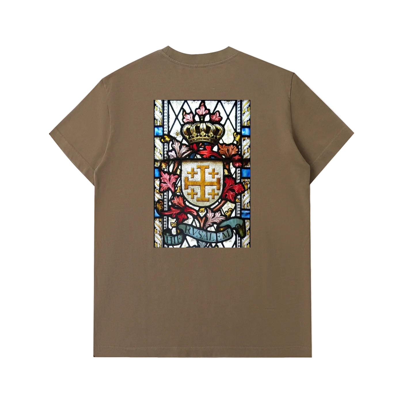 Coffee heavy t-shirt featuring stained glass illustration of the Jerusalem Cross on the back