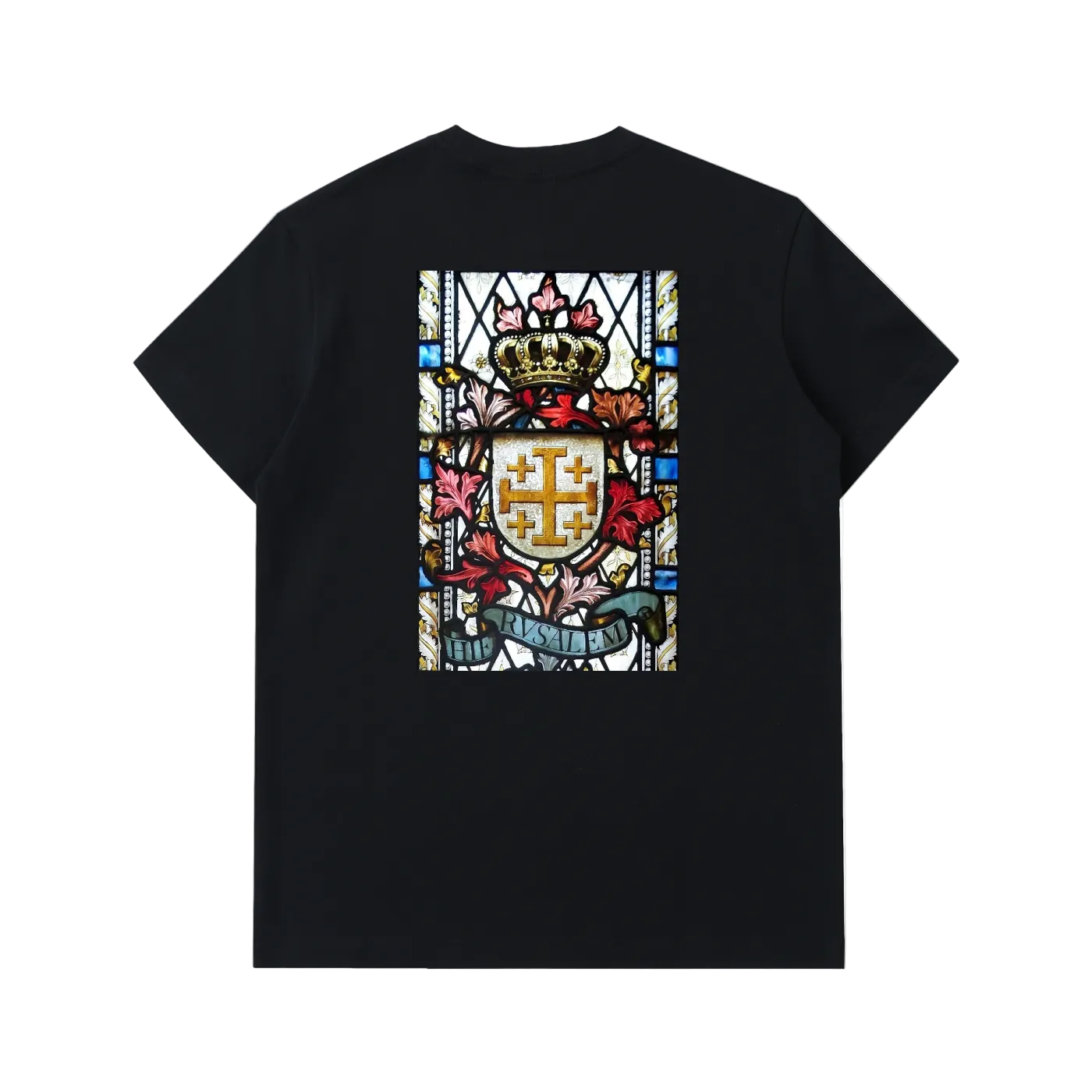 Black heavy t-shirt with stained glass artwork inspired by the Jerusalem Cross on the back