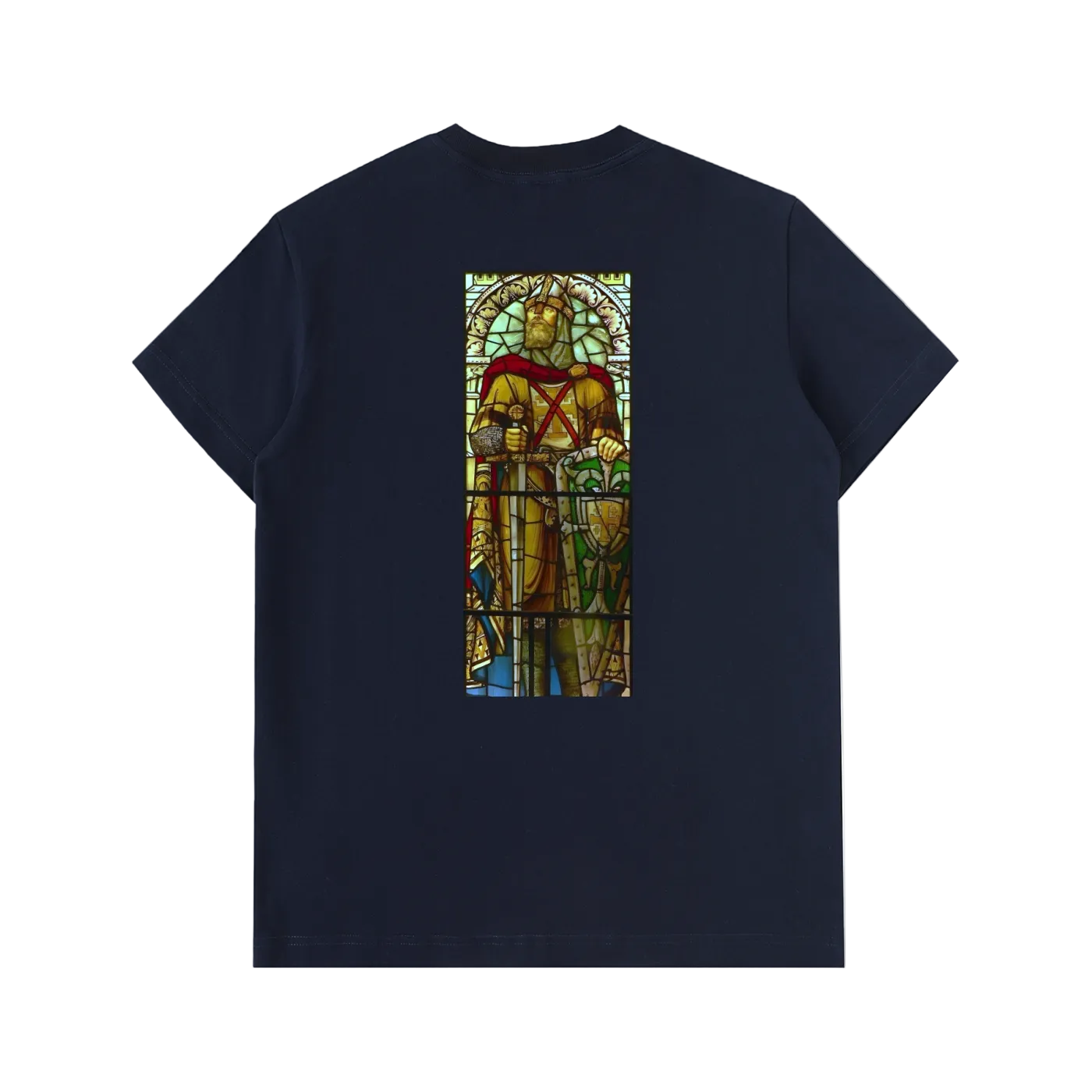 T-shirt épais Navy avec illustration en vitrail représentant Godefroy de Bouillon imprimée dans le dos