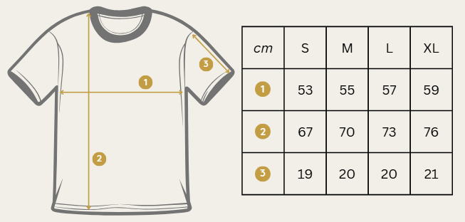 table with size chart for regular fit t-shirt
